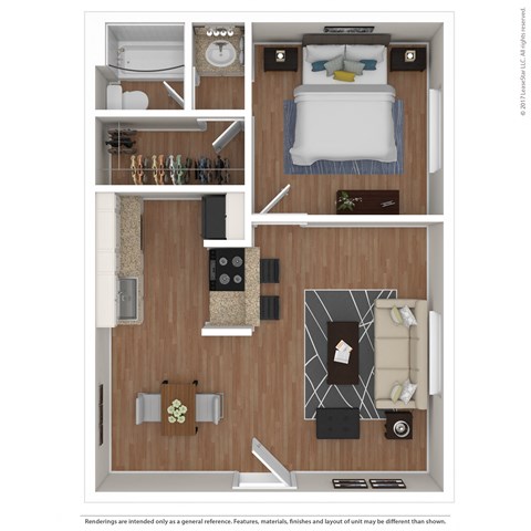 a stylized floor plan with a bedroom and a living room